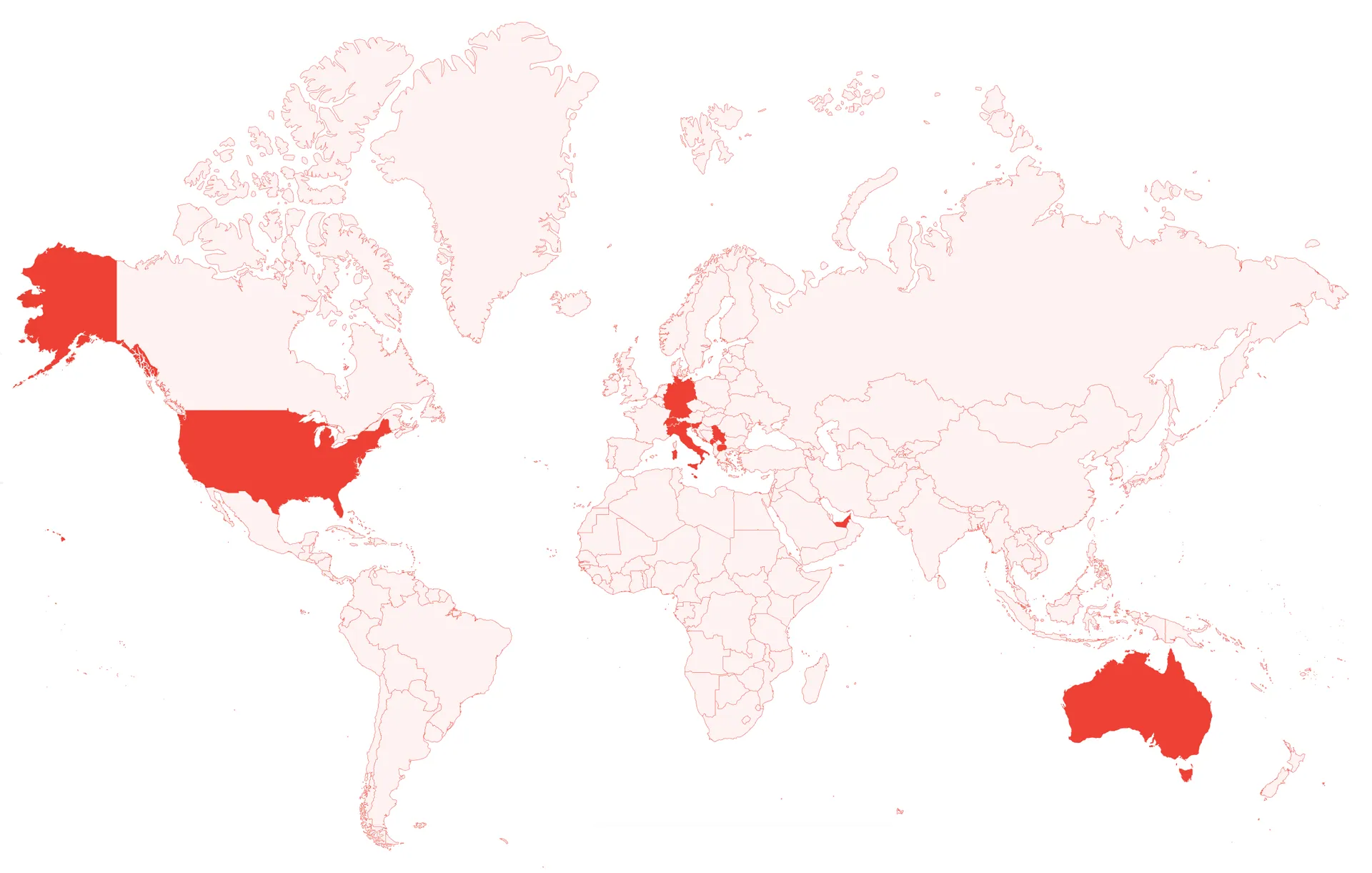 World map with Smidgin's markets highlighted in red: the United States, Germany, Switzerland, Italy, Serbia, North Macedonia, the United Arab Emirates and Australia